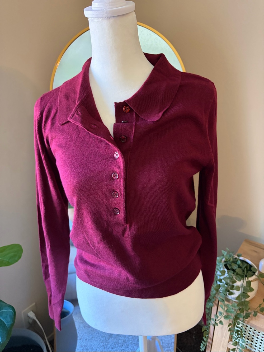 Zara pWomen's Burgundy Long-Sleeve Polo Knit Top